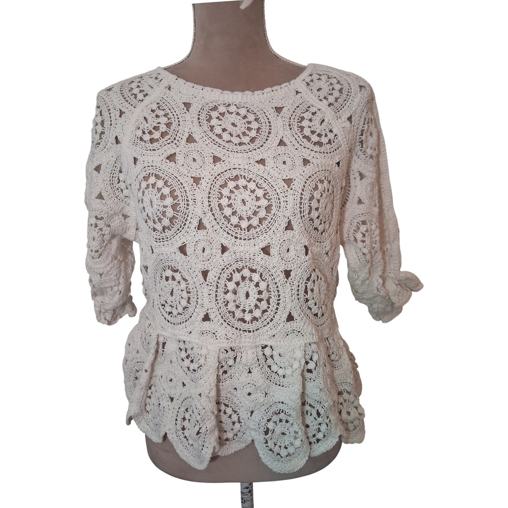 Solitaire White Crochet Knit Peplum Top Medallion Boho Small Fall Clean Girl